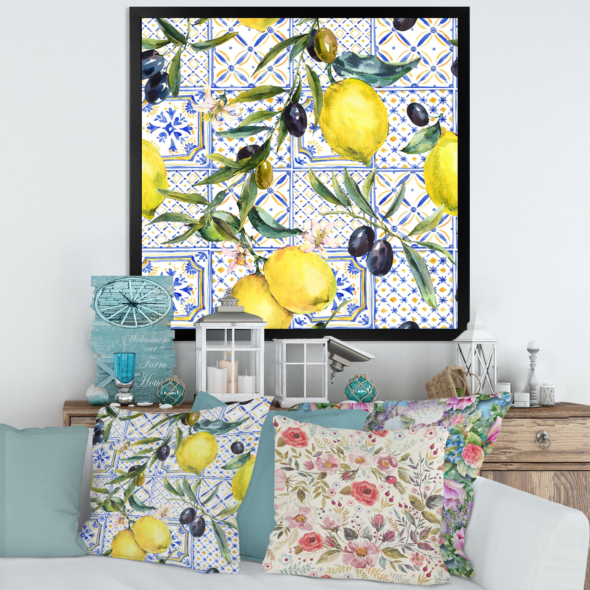 Designart 'Geometrical Pattern of Lemon Ornament On Blue III' Tropical Framed Art Print