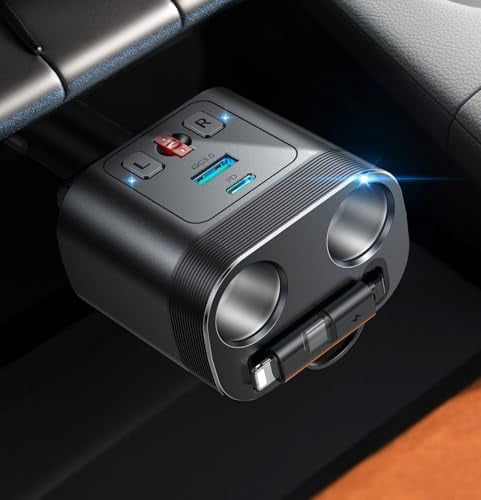 Tian Qi 5 in 1 Car Cigarette Lighter Adapter, 140W Fast Charging Car Charger Adapter, 2-Socket Cigarette Lighter Splitter, Retractable Car Charger for iPhone Android All Car Devices Black Black