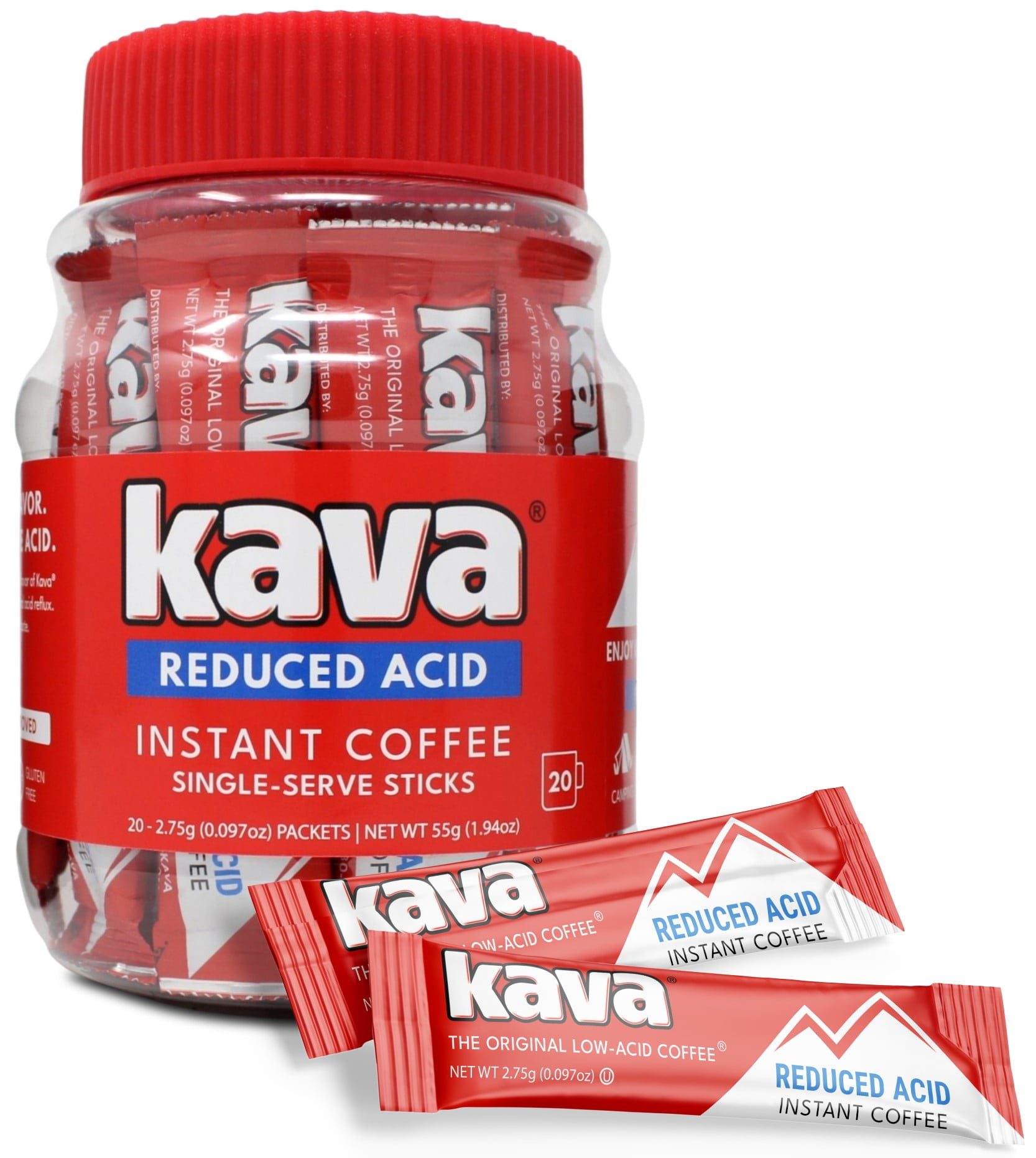 Kava Reduced Acid Instant Coffee Single Serve Stick Packets, 20 Count
