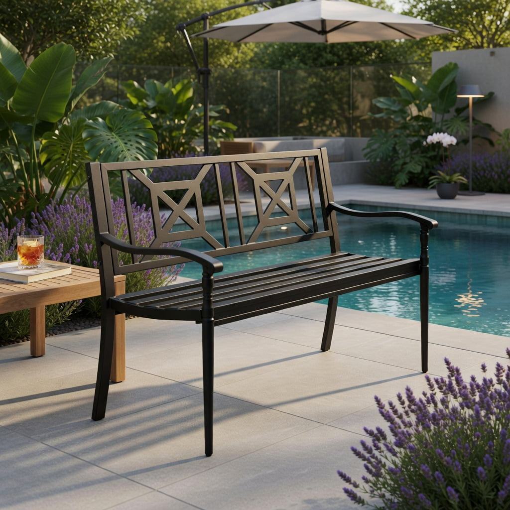 Hommoo Outdoor Patio Garden Bench, Modern Classic Design Heavy-Duty Powder-Coated Steel Bench for Backyard, Poolside & Balcony, Black