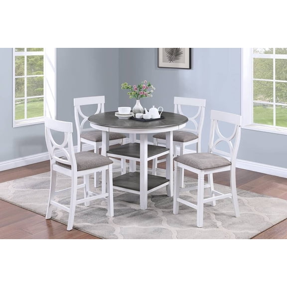5-PCS Counter Height Dining Set Storage Base Round Top Table w 4x High Chairs Cushion Seat White Finish Dining Room Furniture