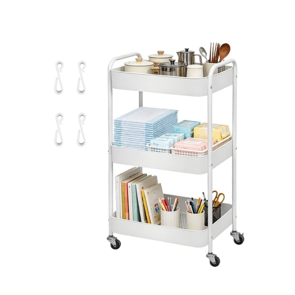 3 Tier Rolling Cart, Metal Utility Carts with Wheels, Mesh Rolling Storage Cart Organizer with Handle and 4 Hooks for Kitchen, Bathroom, Office, White