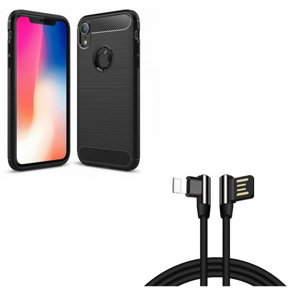 Case w Angle USB Cable for iPhone XR - Carbon Fiber Slim Fit Cover Reinforced Bumper Shock Absorbent, 10ft Charger Cord Power Wire Sync Compatible With iPhone XR