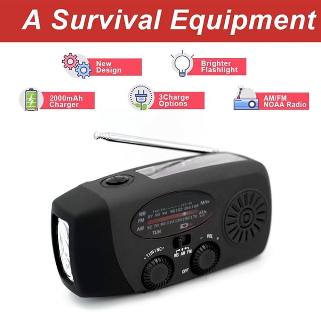 Radio Multifonction Extérieure Manivelle Solaire USB FM/ AM/ NOAA WB Radios Météo d'Urgence Lampe de Poche LED Récepteur de Banque d'Alimentation Noir Sans Sac