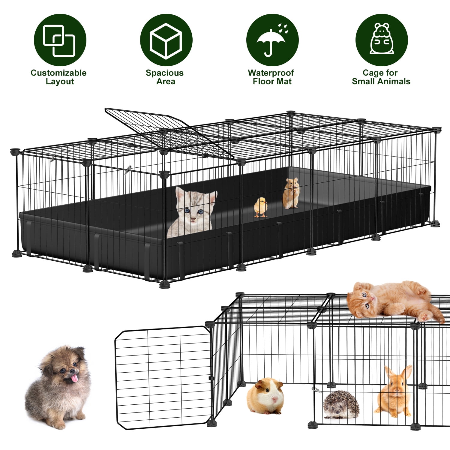 DIY Modular Metal Small Pet Playpen, Customizable Guinea Pig Rabbit Cage with Waterproof Floor Mat, Indoor Enclosure for Chickens Hamsters Hedgehogs