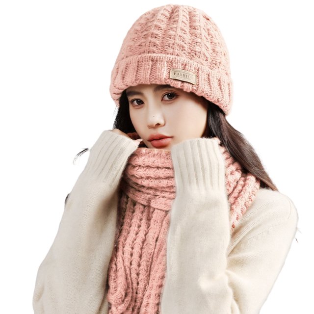 CSChome Hat Scarf Set Winter Hat Scarf Set - Unisex Solid Color Thickened Warm Comfortable Long Scarf Beanie