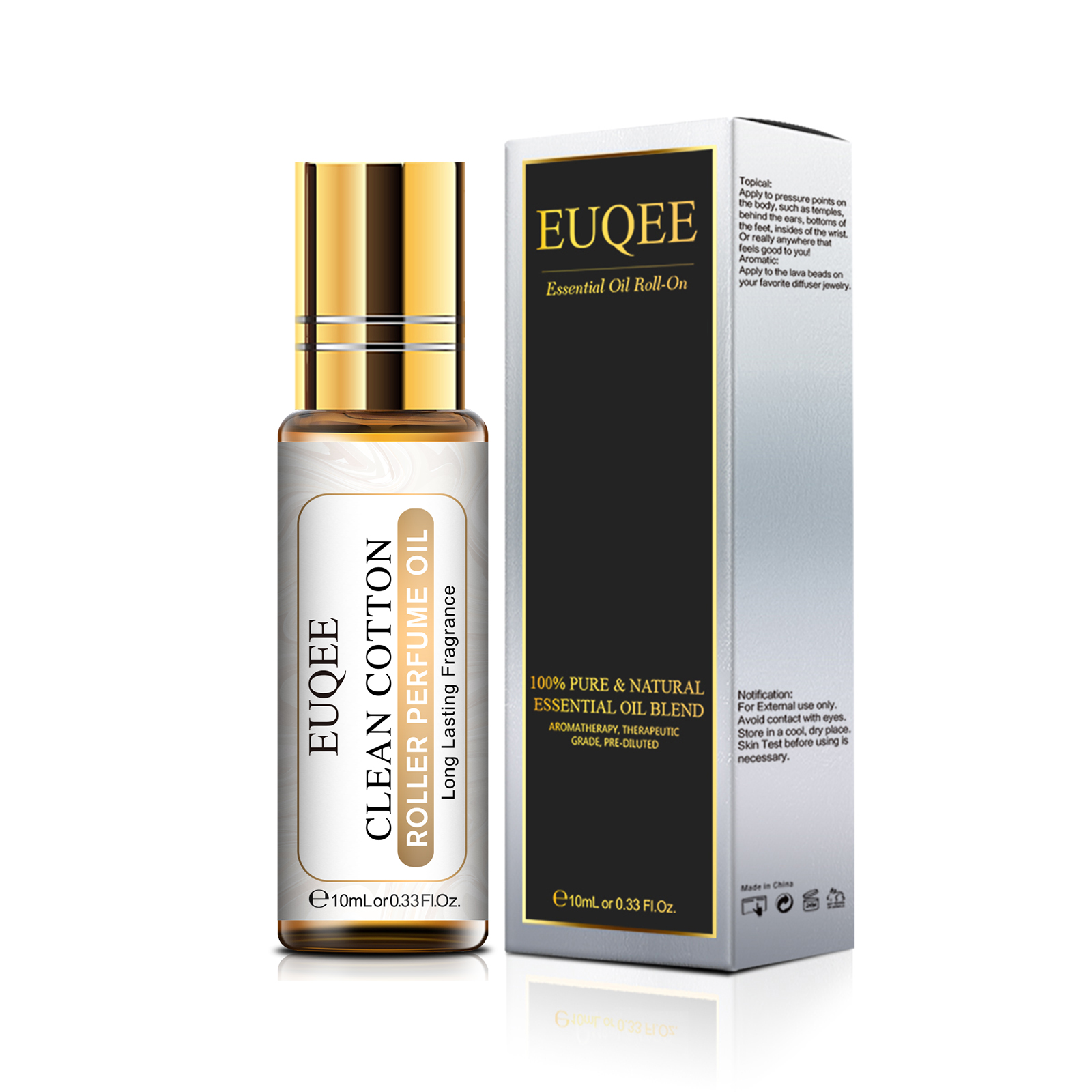 EUQEE Clean Cotton Roll-on Perfume Oil, Therapeutic Grade, Pure and Natural  for Aromatherapy, Diffuser, Soap Making, Spa Massage, Skin Care  (10ml/0.33fl.oz) 