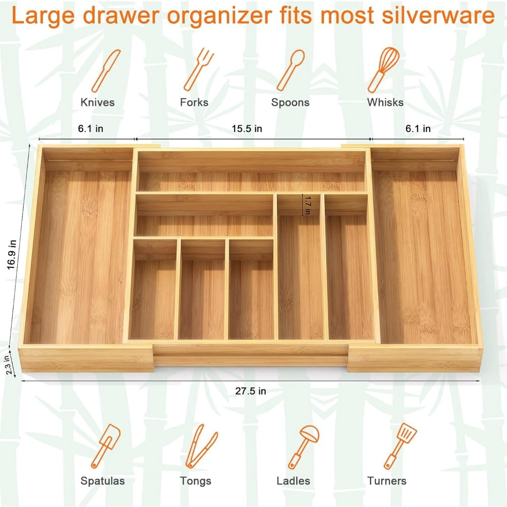 Bamboo Utensil Organizer for Kitchen Drawers, Utensil Tray and Cutlery Silverware Holder,Wood Drawer Dividers with 5 Slots
