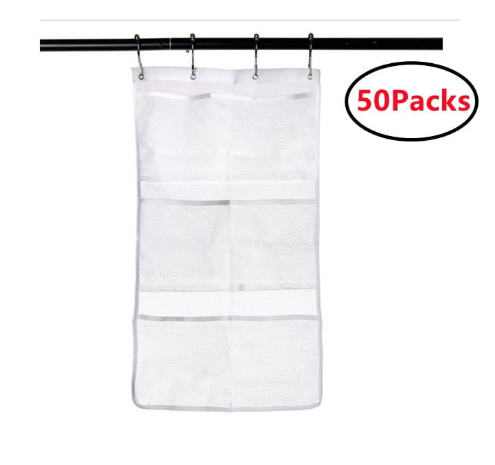 50 PACKS Mesh Shower Caddy Organizer - Hanging Bathroom Shower Curtain Rod / Liner Hooks Accessories with 6 Pockets Save Space in Small Bathroom Tub 4 Rings (6 Pockets, white)