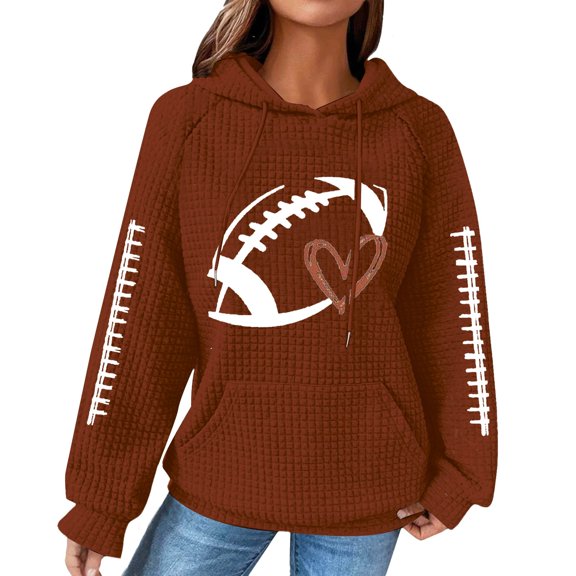 QASIEATN Fall Hoodies for Women Fashion Knit Hoodie Women's Sweatshirt Football Graphic Long Sleeve Sweater Football Season Pullover