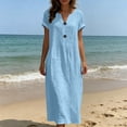 thumbnail image 4 of asdoklhq 4x Summer Dresses Trendy Women Casual Short Sleeve Round-neck Button Button Linen Casual Dress Light Blue 2X, 4 of 6