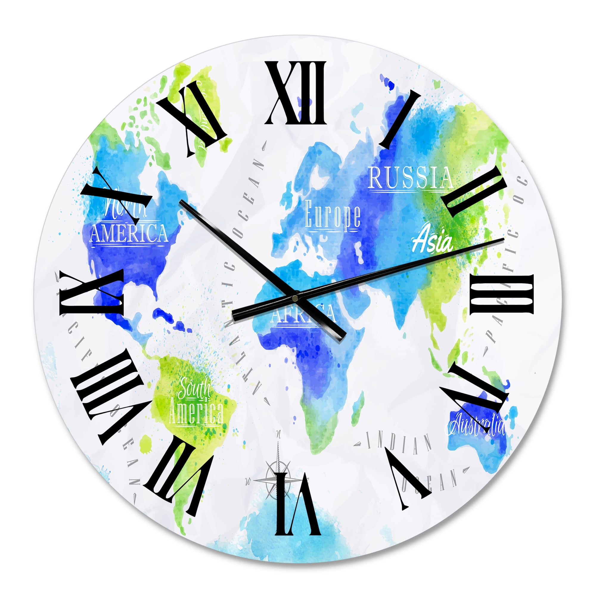 Designart 'World Map In Green And Blue' Modern Wall Clock