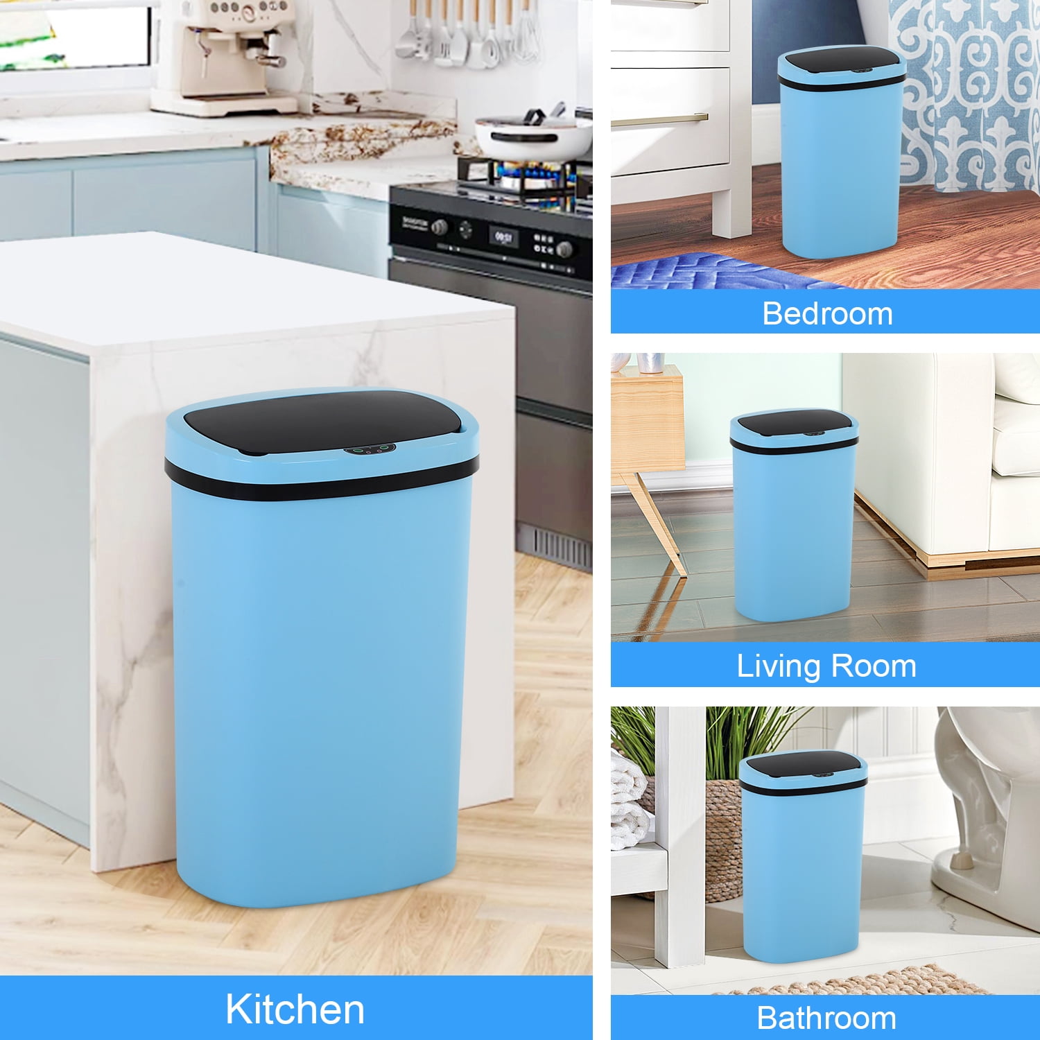 Automatic Trash Can for Kitchen, 13 Gallon Trash Can with Lid Plastic Garbage Can Waste Bin with Motion Sensor for Bedroom, Bathroom, Office, Living Room (Blue)