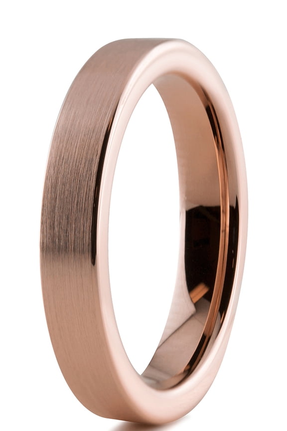 Tungsten Wedding Band Ring 4mm for Men Women Comfort Fit 18K Rose Gold Plated Plated Pipe Cut Flat Brushed Polished Lifetime Guarantee Size 4