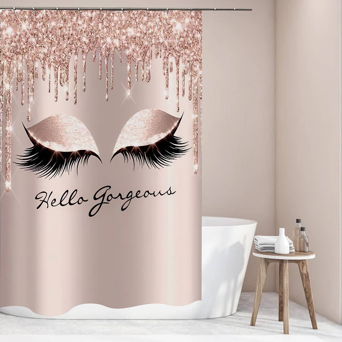 iMucci Hello Gorgeous Glitter Eyelash Shower Curtain, Rose Gold Drips Art Background, 70 x70 inch Bathtub Shower Curtains Waterproof Fabric with 12 Hooks