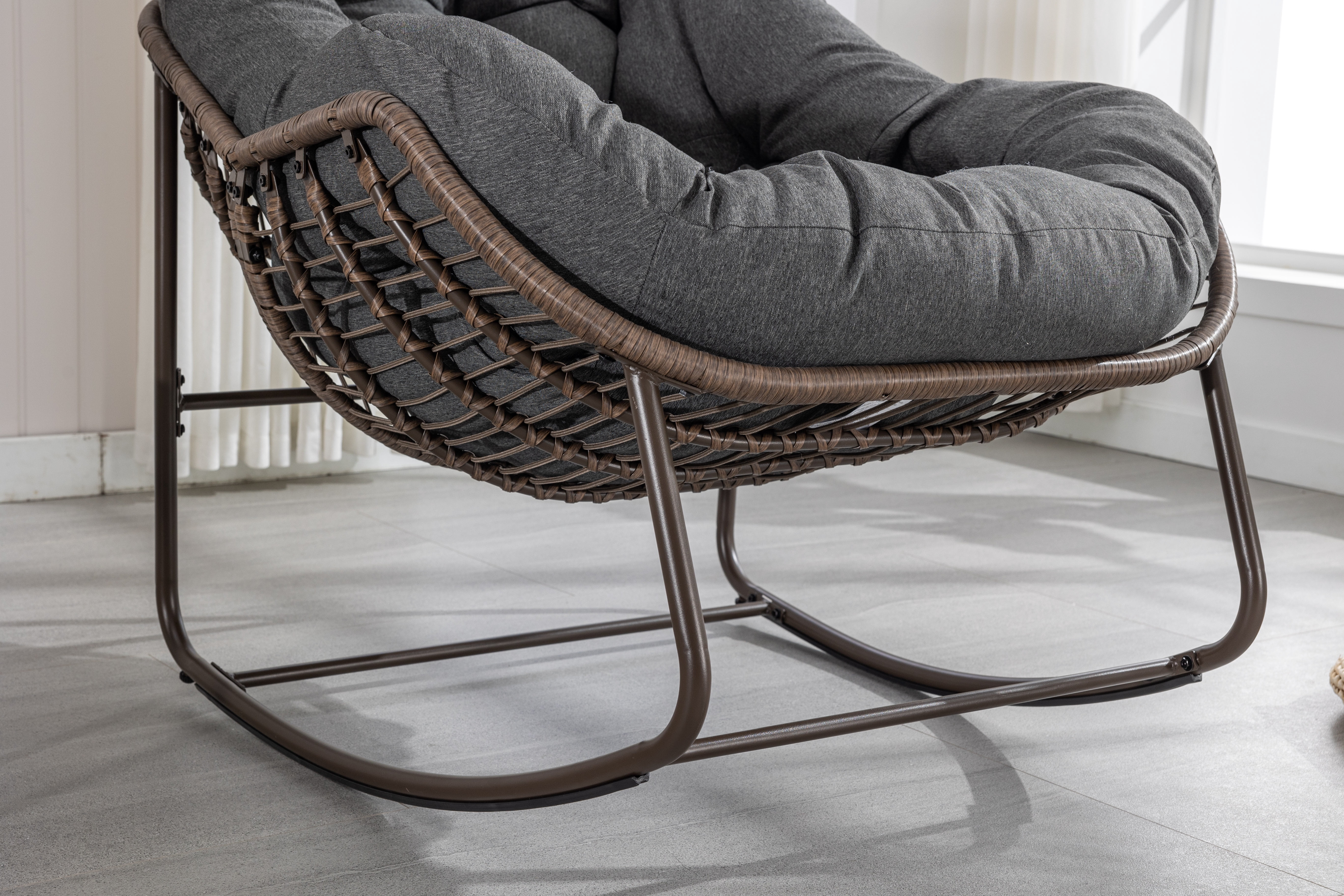 Outdoor Rattan Rocking Chair,Padded Cushion Rocker Recliner Chair Outdoor for Front Porch, Living Room, Patio, Garden, Grey