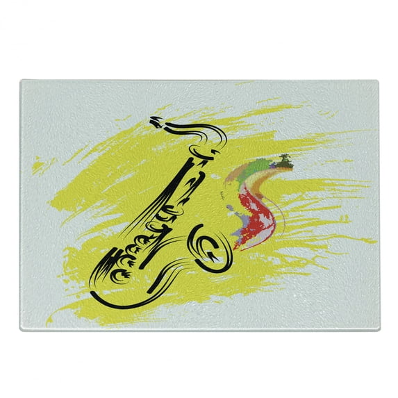 Jazz Music Cutting Board, Saxophone Color Paint Splash Background Design Illustration, Decorative Tempered Glass Cutting and Serving Board, Small Size, Yellow Black, by Ambesonne