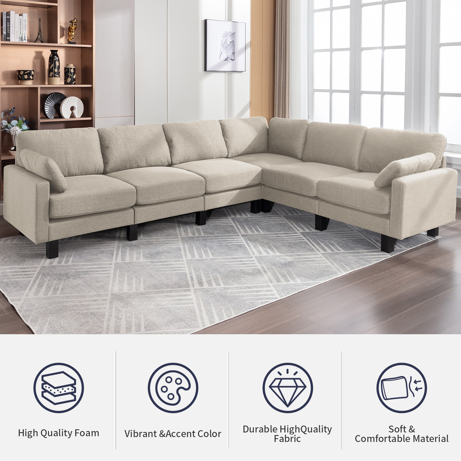 ijuicy L Shaped Sectional Sofa, 6 Seater Corner Modular Sofa, Living Room Furniture Sets - Beige