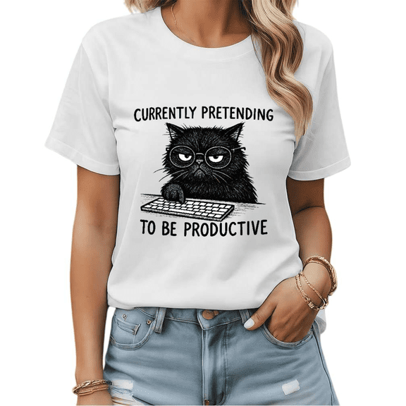 Currently Pretending To Be Productive Cat Graphic Tees Womens T-shirt White/Black S-5XL Shirts Funny Cat Tops