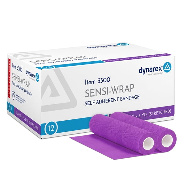 Dynarex Sensi-Wrap Self-Adhesive Bandages, 12-Pack, 6" x 5 yards, Purple, Latex, Colored Elastic Cohesive Athletic Tape, Tattoo Grip & Vet Wrap