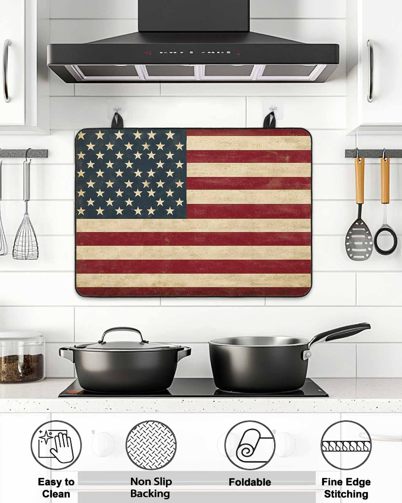 Stove Top Covers for Electric Stove, American Flag Glass Stovetop Cover Protector, Vintage Red BlueUSA Flag Induction Cooktop Protector Oven Mat for Kitchen Countertop 24"x21"