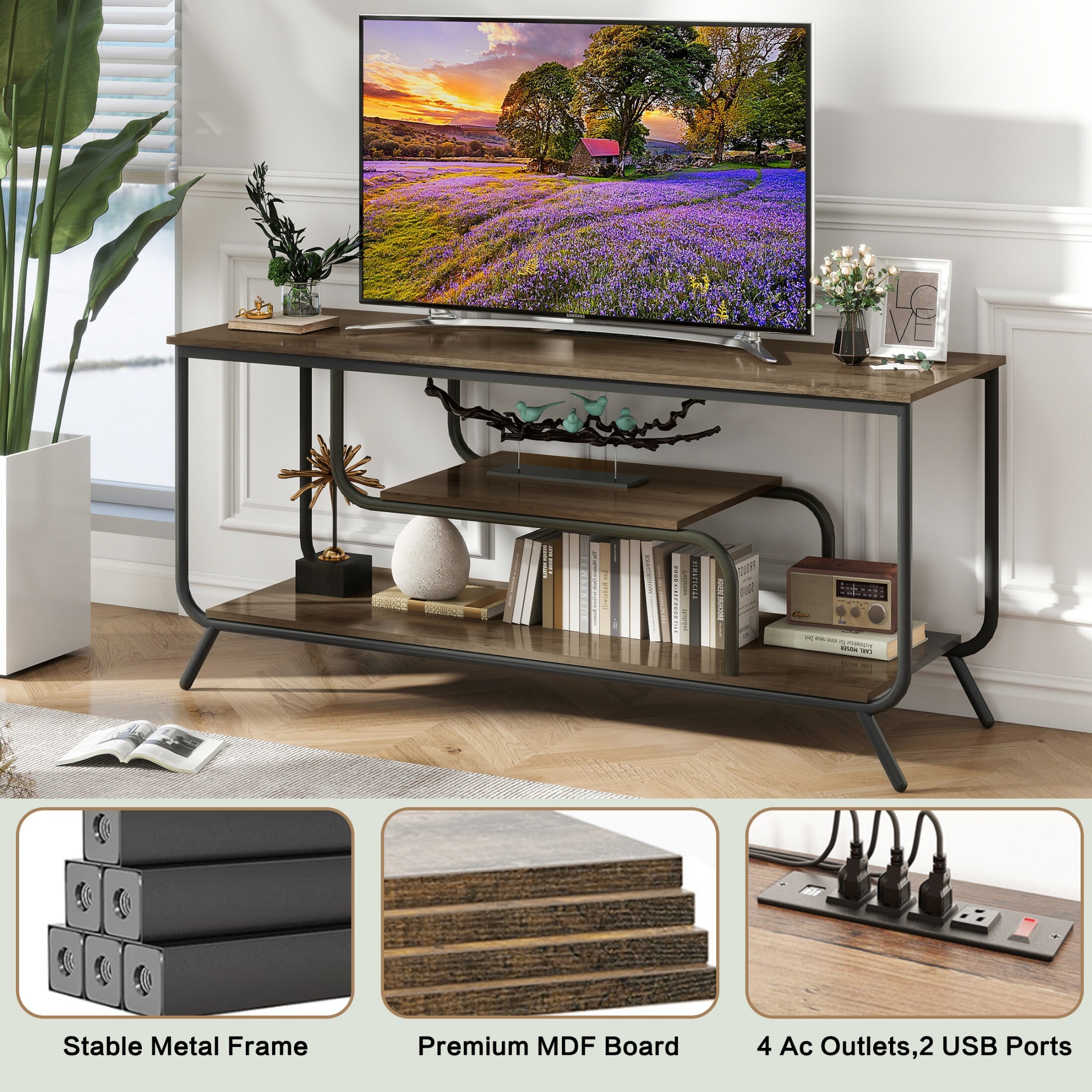 DEALTOPS 16-Color LED Lights TV Stand with Charging Stations and Shelf for TVs Up to 55'', Rustic Walnut