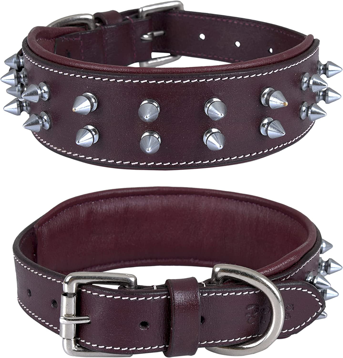 DowgClub | Genuine Leather Heavy Duty Spiked Dog Collar | Full Grain, Cushion Sheep napa padding Inside, Comfortable, Strong | Best for Medium, Large, X-Large Breeds | Cherry, Black, Pink, Tan |