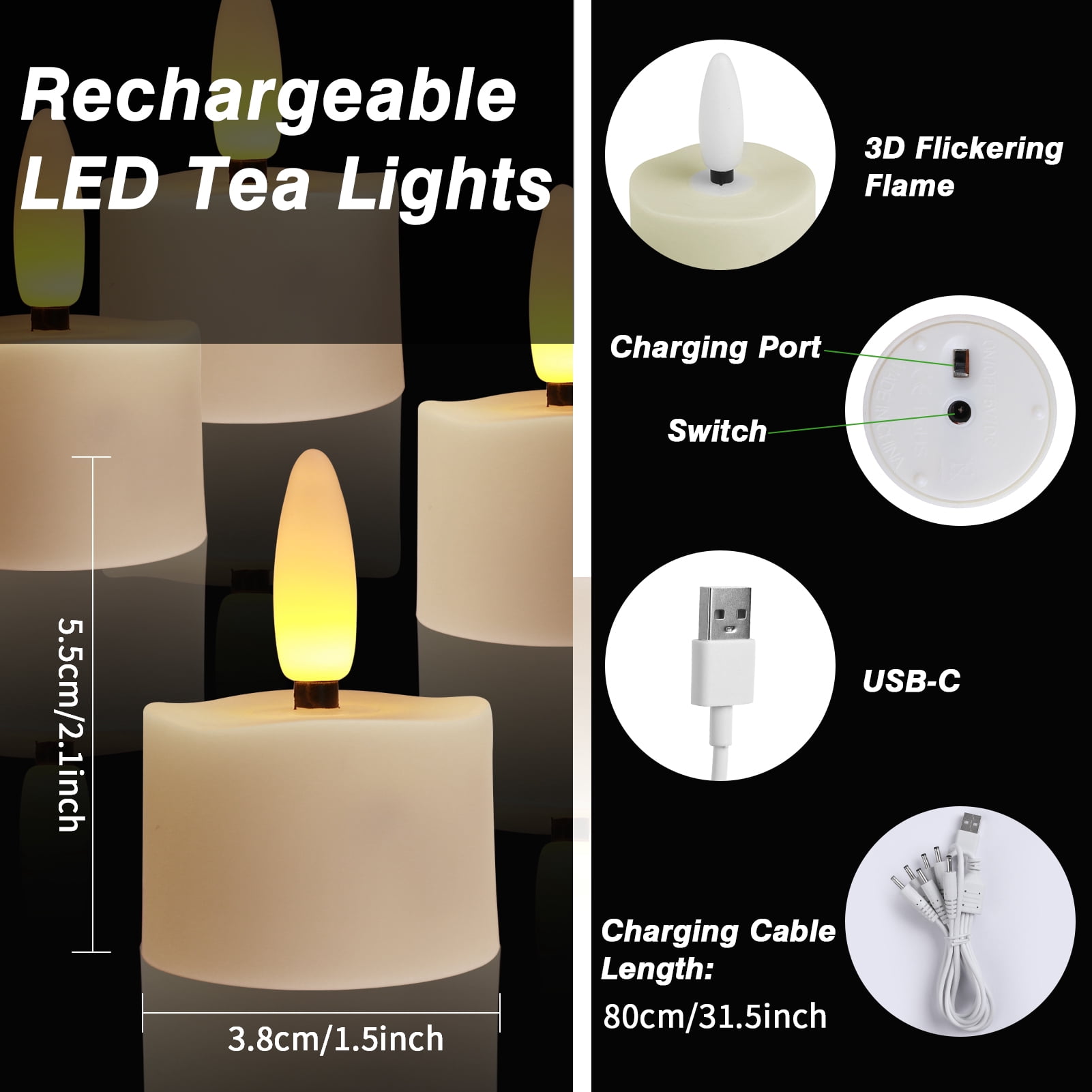 Rechargeable Candles Tea Lights 6-Pack with Remote Timer, LED Tea Lights Candles , Rechargeable Flameless Candles for Home Decor Seasonal Decor, Dia 1.5"X H 2.2''