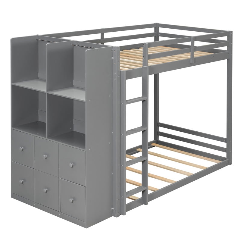 Twin Over Twin Bunk Bed with 6 Storage Drawers, 2-Tier Shelves & LED Light Strip, Reversible Wooden Bunk Bed Frame, Space-Saving Kids Bedroom Furniture