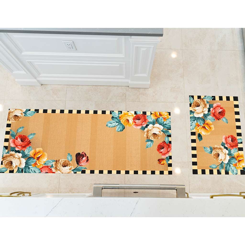 Benissimo-Modern Mats, 24”x62” + 20”x32” Set of 2 Ultra-Thin (1/10 Inch) Kitchen Mat Rubber Backing, Waterproof, Low Profile, Durable&Non Slip, Indoor Floor Mat for Entry, Patio, Border Big Flowers