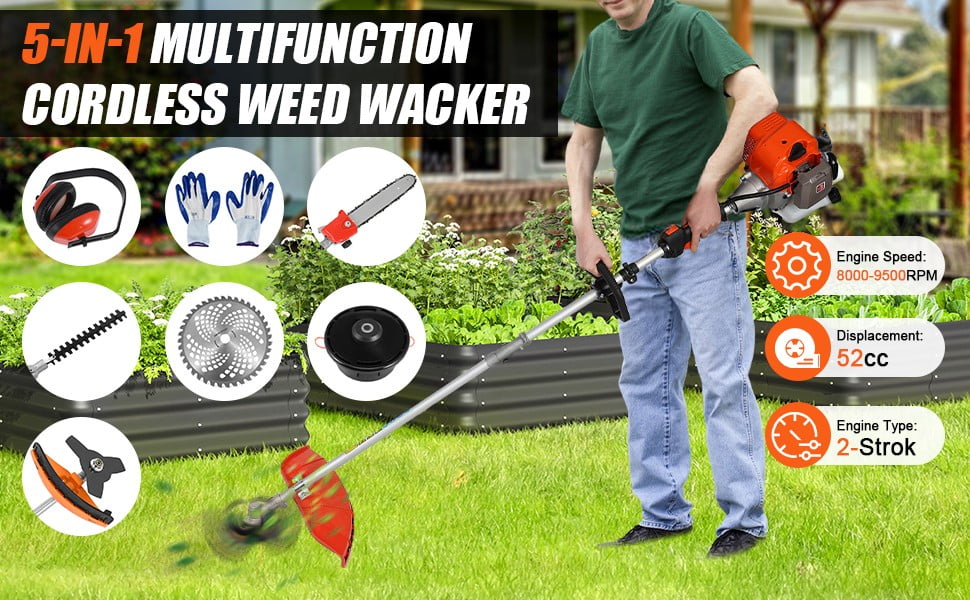 Floseru 5 in 1Gas Weed Wacker，62cc 2 Stroke Full-Functional Petrol Hedge Trimmer,Gas Weed Eater,Grass Cutter Machine,Straight Shaft Grass Trimmer Cordless for Gardening