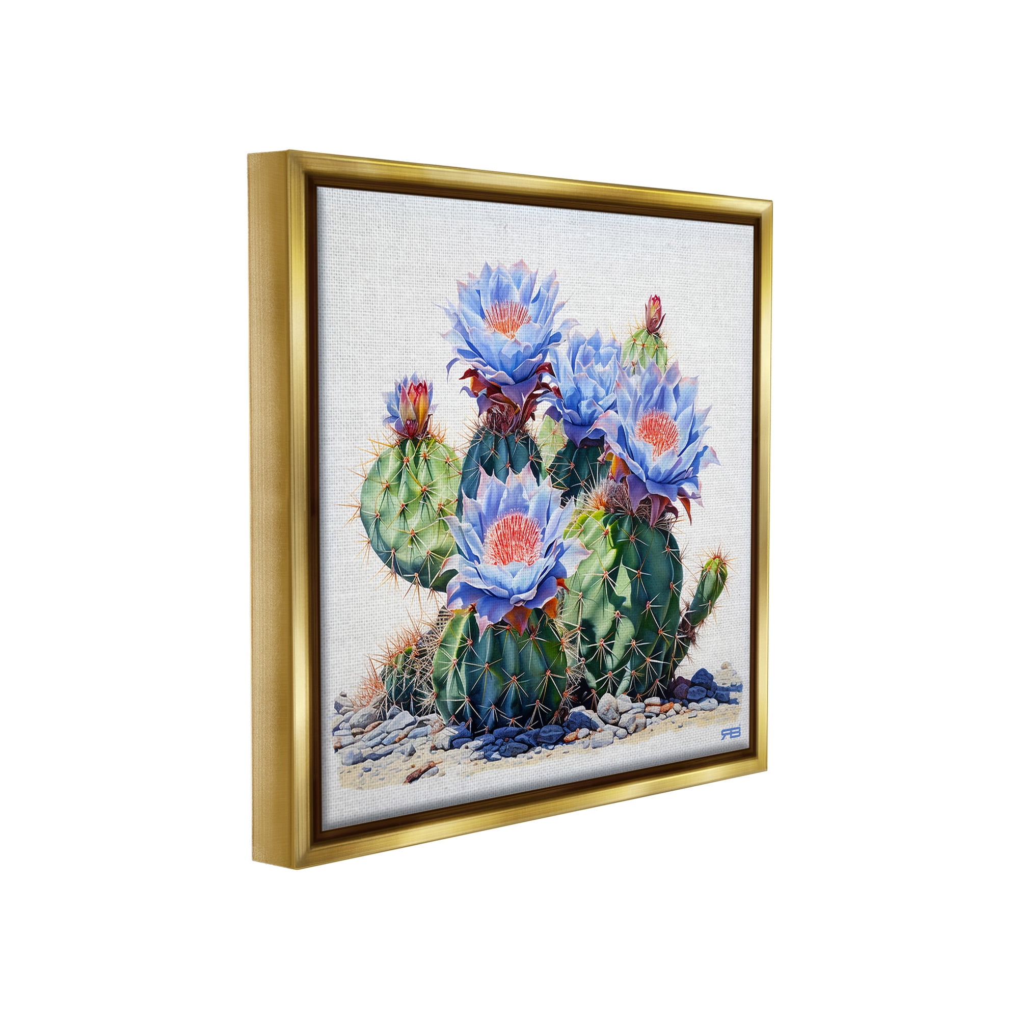 Stupell Industries Blue Cactus Blossoms Botanical & Floral Painting Gold Floater Framed Canvas Art Print Wall Art, 18 x 18
