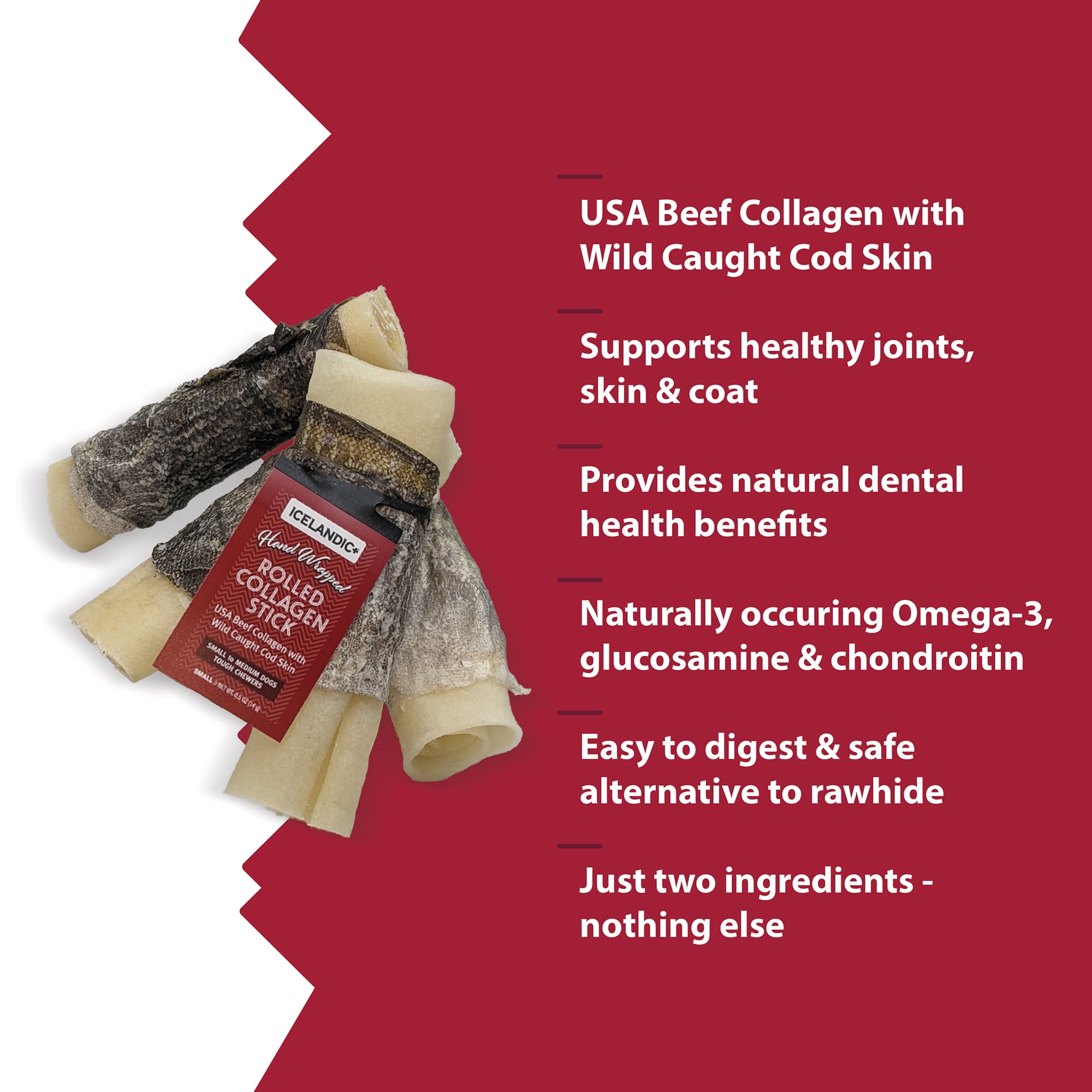 Icelandic+ Rolled Collagen Stick: Beef & Cod Skin - 12 Pack - 4" Dog Chew Treat, Hand-Wrapped Fish, 2 Ingredient Pet Snacks, Rawhide Alternative