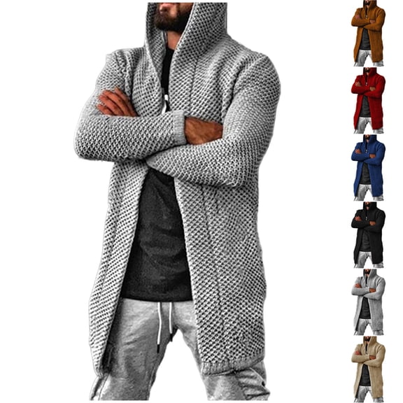 Danhjin Men's Hooded Sweater Cardigan Open Front Long Sleeve Jacket Casual Warm Ribbed Knit Fall Winter Outwear Fashion Coat