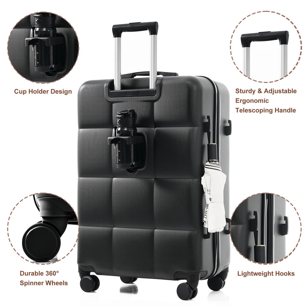 DECMAY 3-Piece ABS Luggage Set with Spinner Wheels and Cup Holder, Airline Carry-On Approved