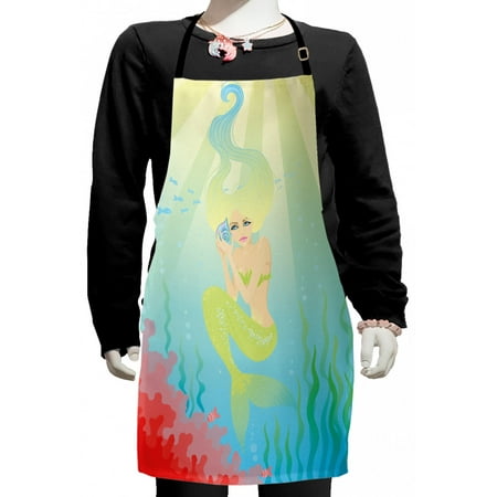 

Mermaid Kids Apron Soft Pastel Color Unusual Mermaid Fish Girl Listening to Ocean Sound in a Shell Boys Girls Apron Bib with Adjustable Ties for Cooking Baking Painting Coral Blue by Ambesonne