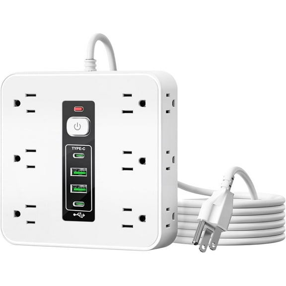 16-in-1 Power Strip with Switch & Surge Protection, Portable Flat Electrical Outlet Extender Stick Extension Cord,16 AC Outlets, 3 USB & 2 Type-C Ports, for Home, Office, Travel (White)