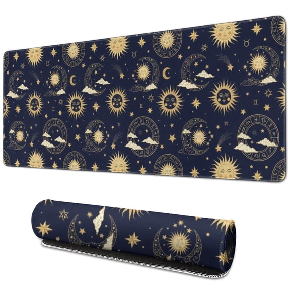 Long Mouse Pads for Desk,Blue Sun Moon Star Pattern Desk Mats on Top Of Desks, Desk Mouse Pad Extra Large with 3mm Non-Slip Base and Stitched Edge for Gaming,Office,Work,Home 31.5"x11.8"