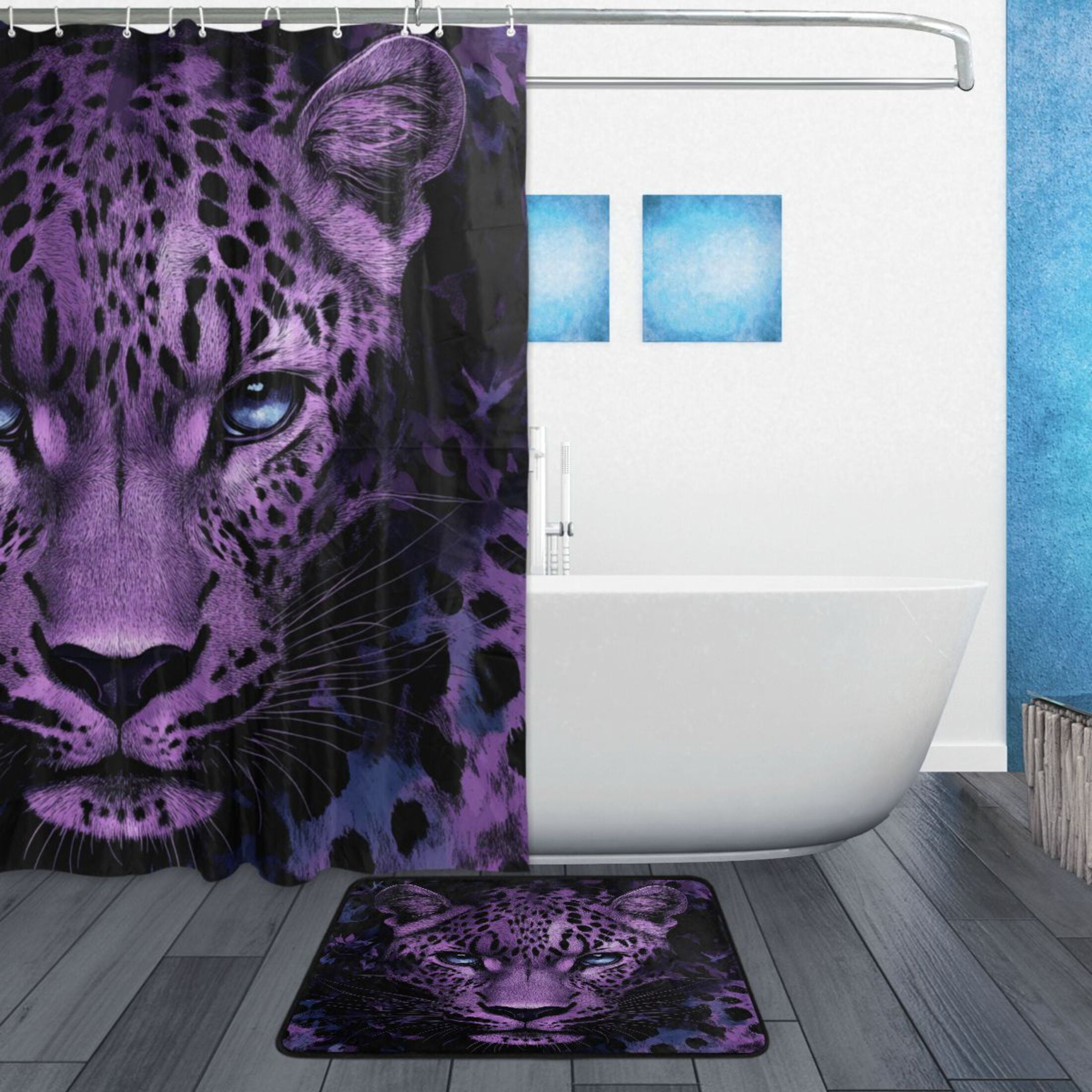 Wobogo Purple Leopard Bathroom Shower Curtain Set with Floor Mat and Hooks Ultra Waterproof Visible Slider Beads