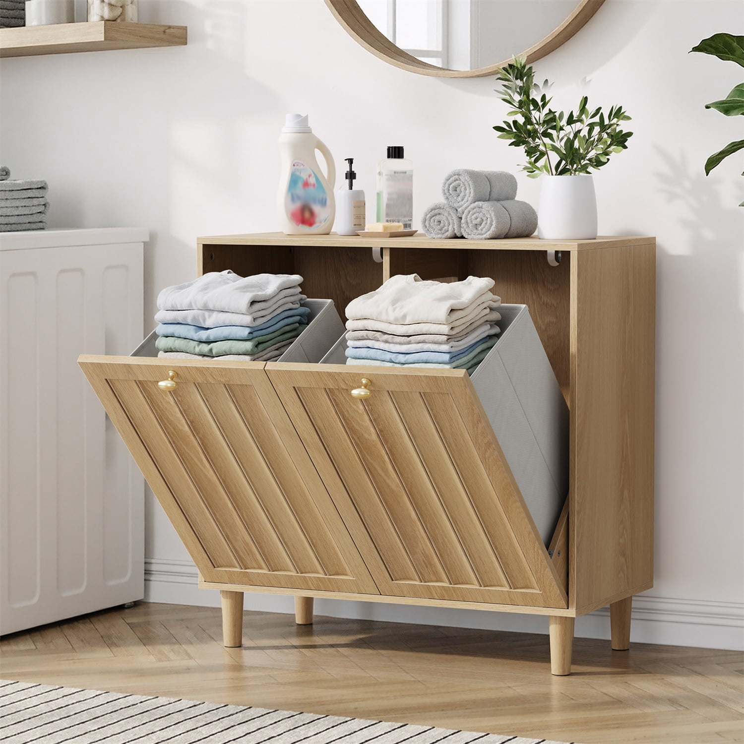 Hommoo Bathroom Laundry Storage Cabinet, Sloping Laundry Basket with Removable Inner Basket, Freestanding Household Storage Rack, Oak