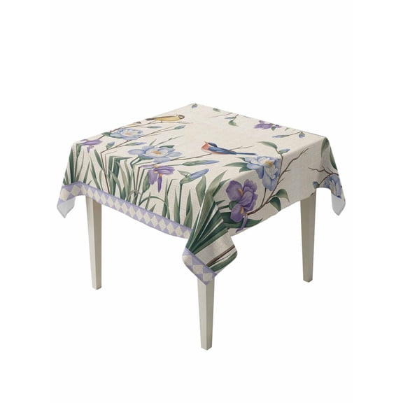 Spring Flowers Table Cloth, Waterproof Tablecloth for Square Tables, Vintage Floral Leaves Birds Farmhouse Plaid Reusable Washable Fabric Table Cover for Restaurant Kitchen Dining Tables 54"x54"