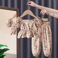 thumbnail image 2 of LNMQLPDBS Girls Summer Sets Puff Sleeve Ruffle Hem Floral Printed Top & Elastic Waist Pants 2pcs Outfits Summer Outdoor Casual Fashionable Suit Toddler Girl Clothes for Tour Vacation and Photo, 2 of 4