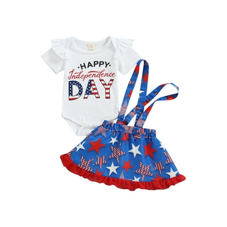 

Blotona Baby Girls Independence Day Skirts Outfits 4th of July Short Sleeve Letter Print Romper +Star Pattern Suspenders Skirts Infant Summer Toddle Clothes Set 0-18M