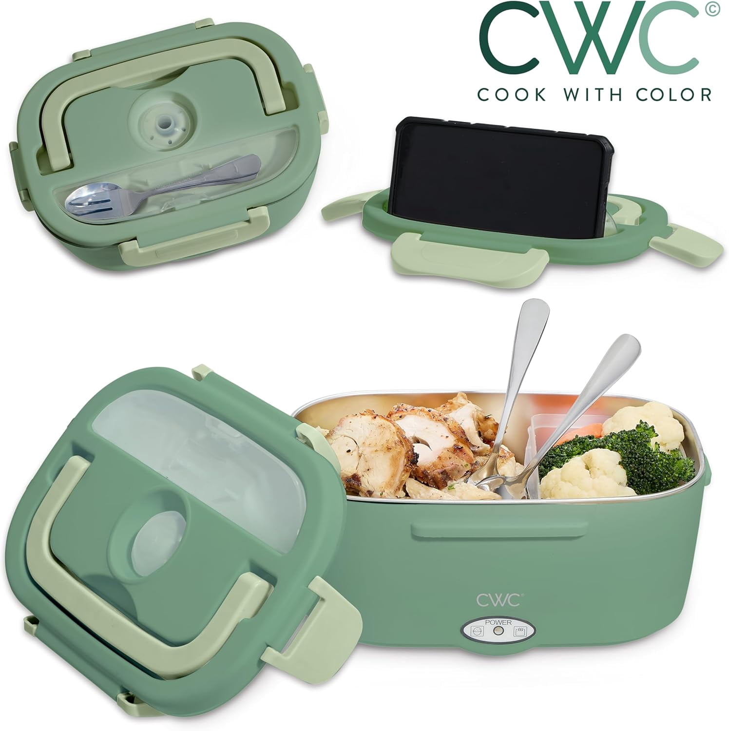 Cook With Color Heated Lunch Box Electric Food Warmer for Adults, Leakproof Insulated Portable Bento Box, 1.5L Green