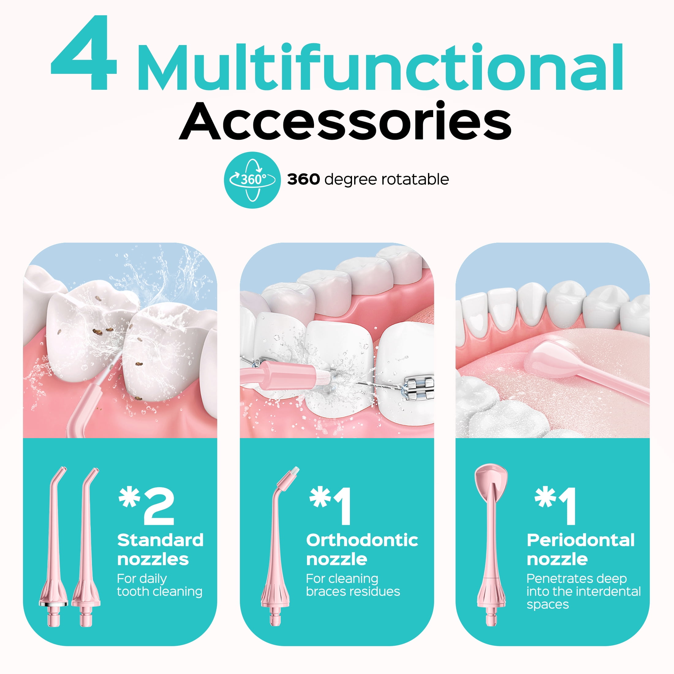 COSLUS CX50 Water Dental Flosser Pick for Teeth,4 Modes 5 Intensities,Portable Rechargeable Water Dental Flosser Dental Oral Irrigator for Travel Home Pink