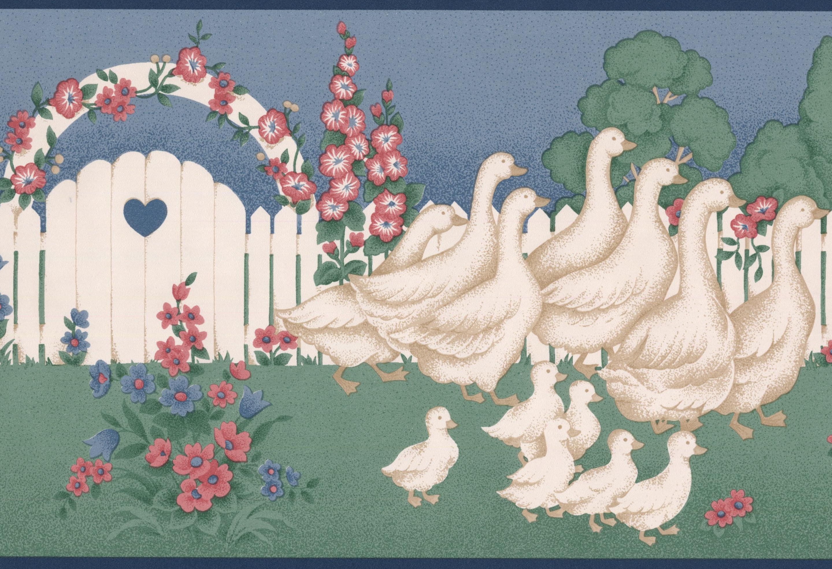 Wallpaper Border Retro White Ducks with Ducklings Village Fence Wall