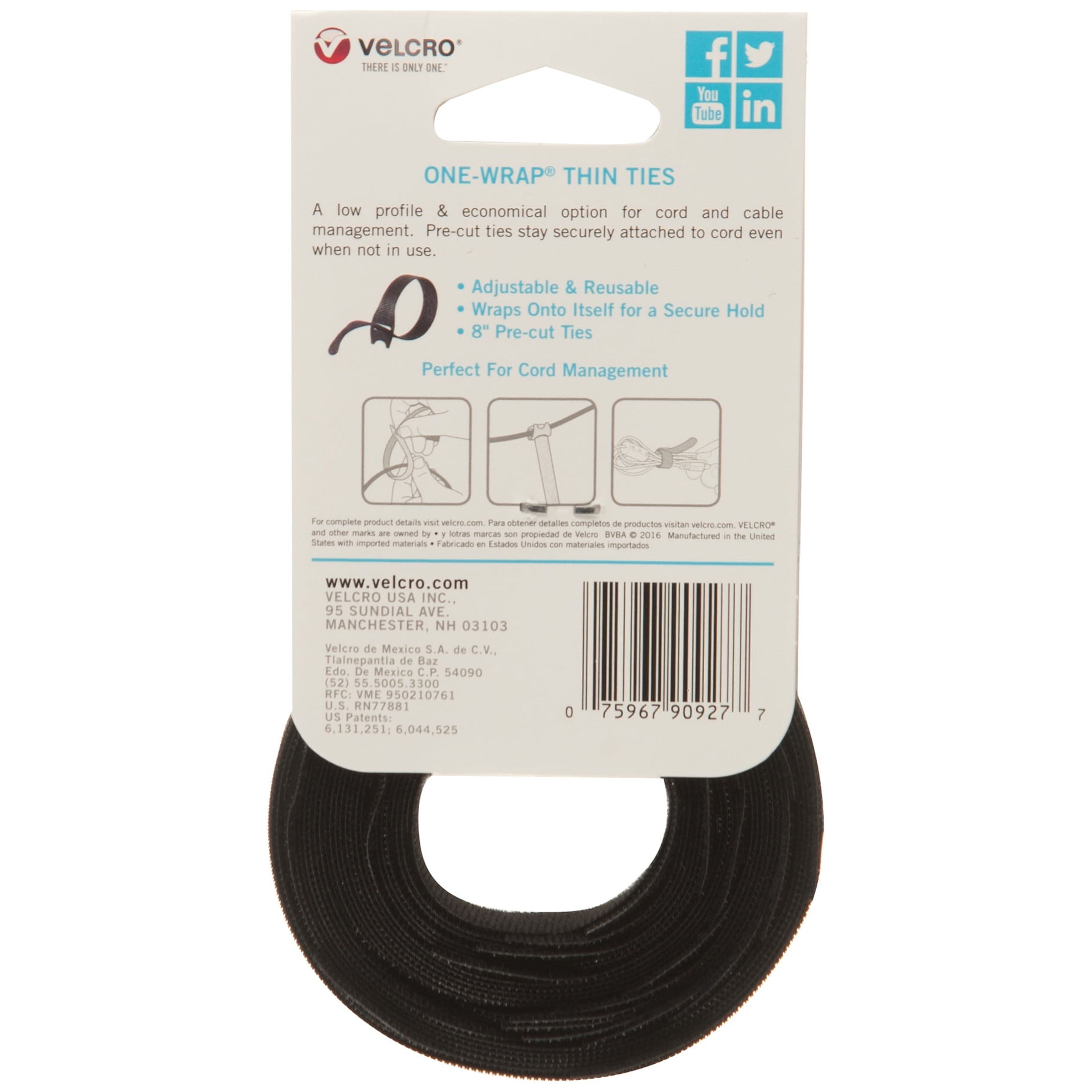 VELCRO Brand ONE-WRAP Cable Ties | 25Pk | 8 x 1/2 Black Cord Organization  Straps | Thin Pre-Cut Design | Wire Management for Organizing Home, Office