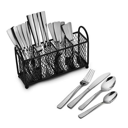 Pfaltzgraff Satin Danford 24-Piece Stainless Steel Flatware Set with Wire Caddy Service For 6