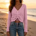 thumbnail image 7 of Ke1Clo Summer Tops for Women Boho Knitted Hollow Out V Neck Long Sleeve Tie Front Shirt Casual Loose Crop Beach Cover Up Pink Free Size, 7 of 7