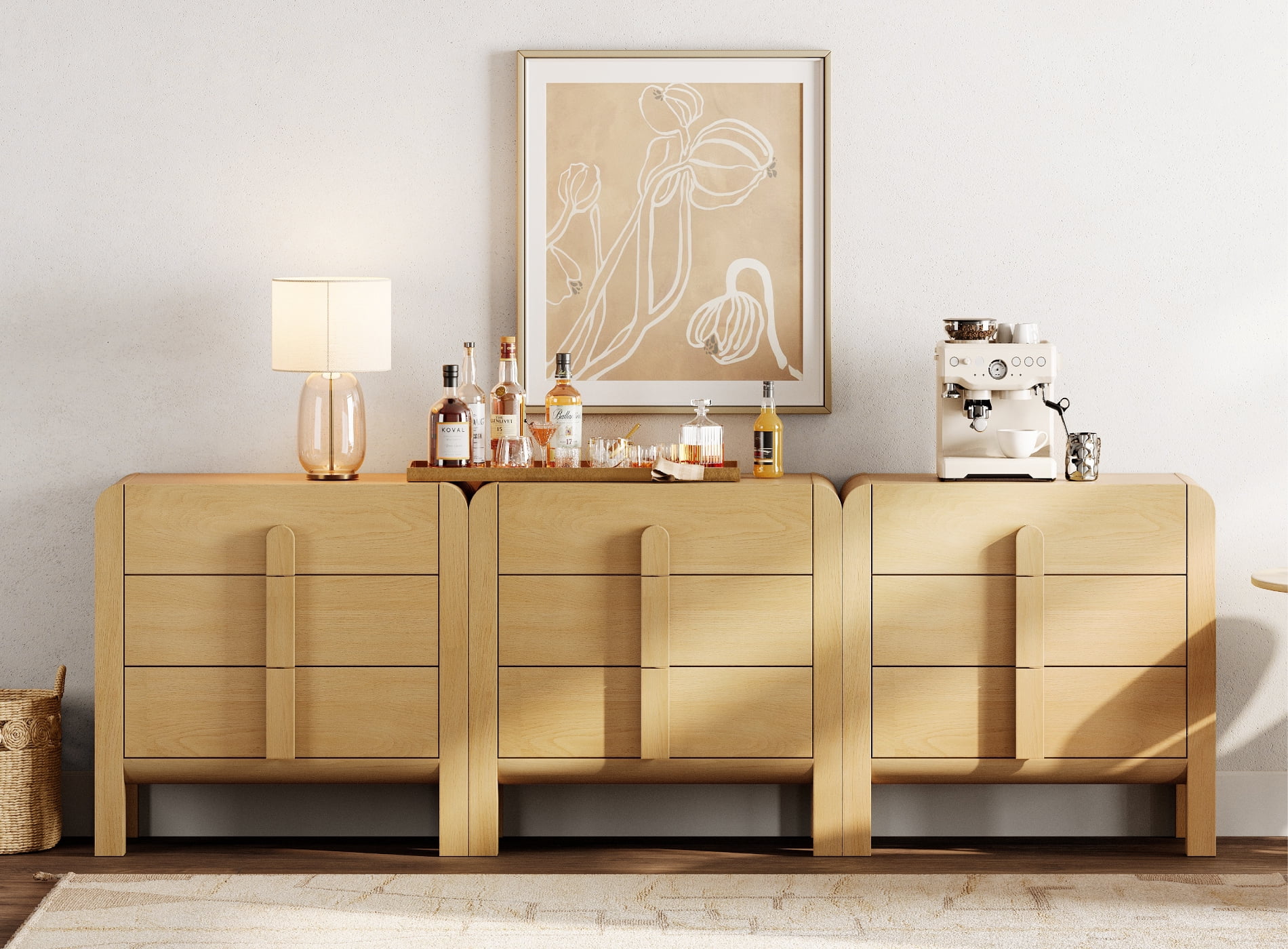Dresser for Bedroom, Mid Century Chest of Drawers with Storage, 9 Drawer Dresser with Curved Profile Design, Wooden Modern Dresser for Living Room, Bedroom, Entryway